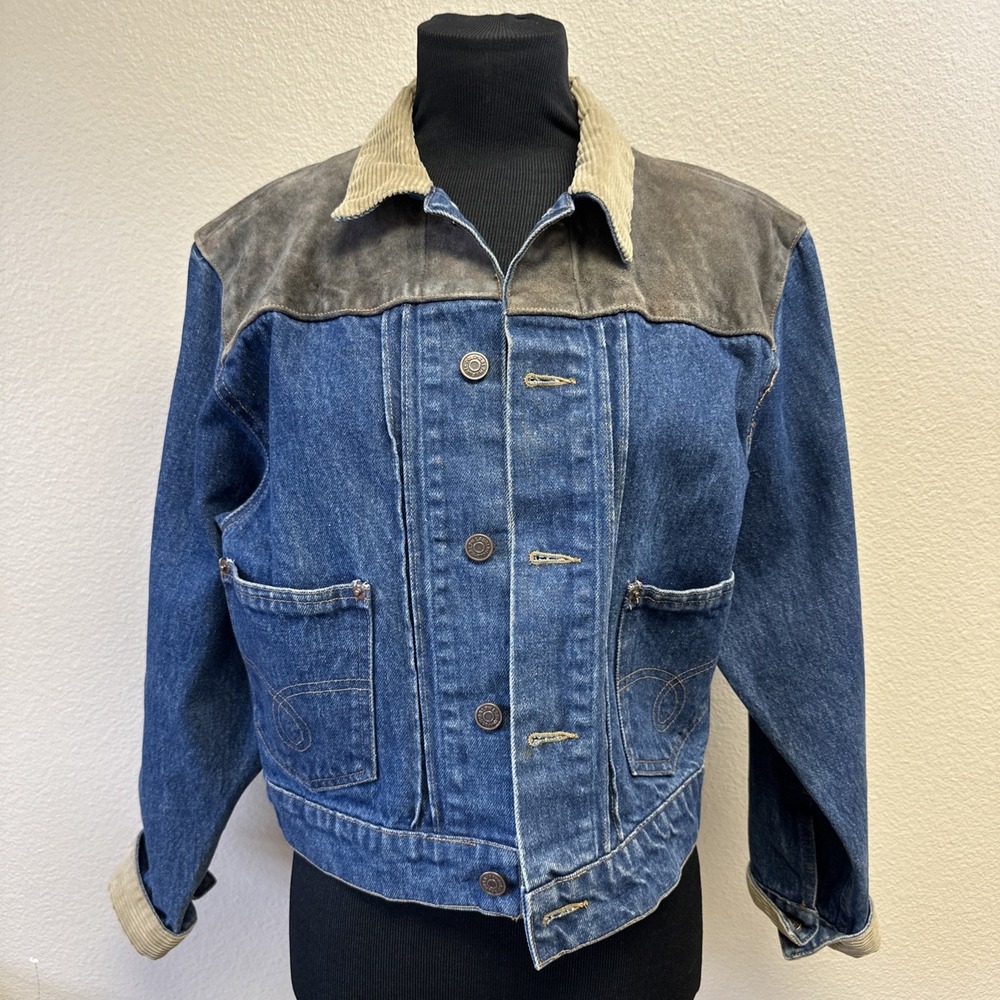 Vtg Ralph‎ Lauren Dungarees Denim Jacket M Cropped Corduroy Leather Accents - Picture 2 of 12